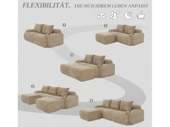 Sofá|Merax Sofá modular de 3 lugares - 268 x 174 x 80 cm - com 2 pufes + porta-copos + bolso de arrumação - veludo - cáqui Caqui