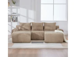 Sofá|Merax Sofá modular de 3 lugares - 268 x 174 x 80 cm - com 2 pufes + porta-copos + bolso de arrumação - veludo - cáqui Caqui
