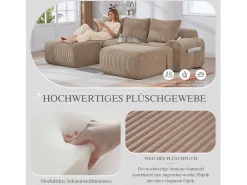 Sofá|Merax Sofá modular de 3 lugares - 268 x 174 x 80 cm - com 2 pufes + porta-copos + bolso de arrumação - veludo - cáqui Caqui