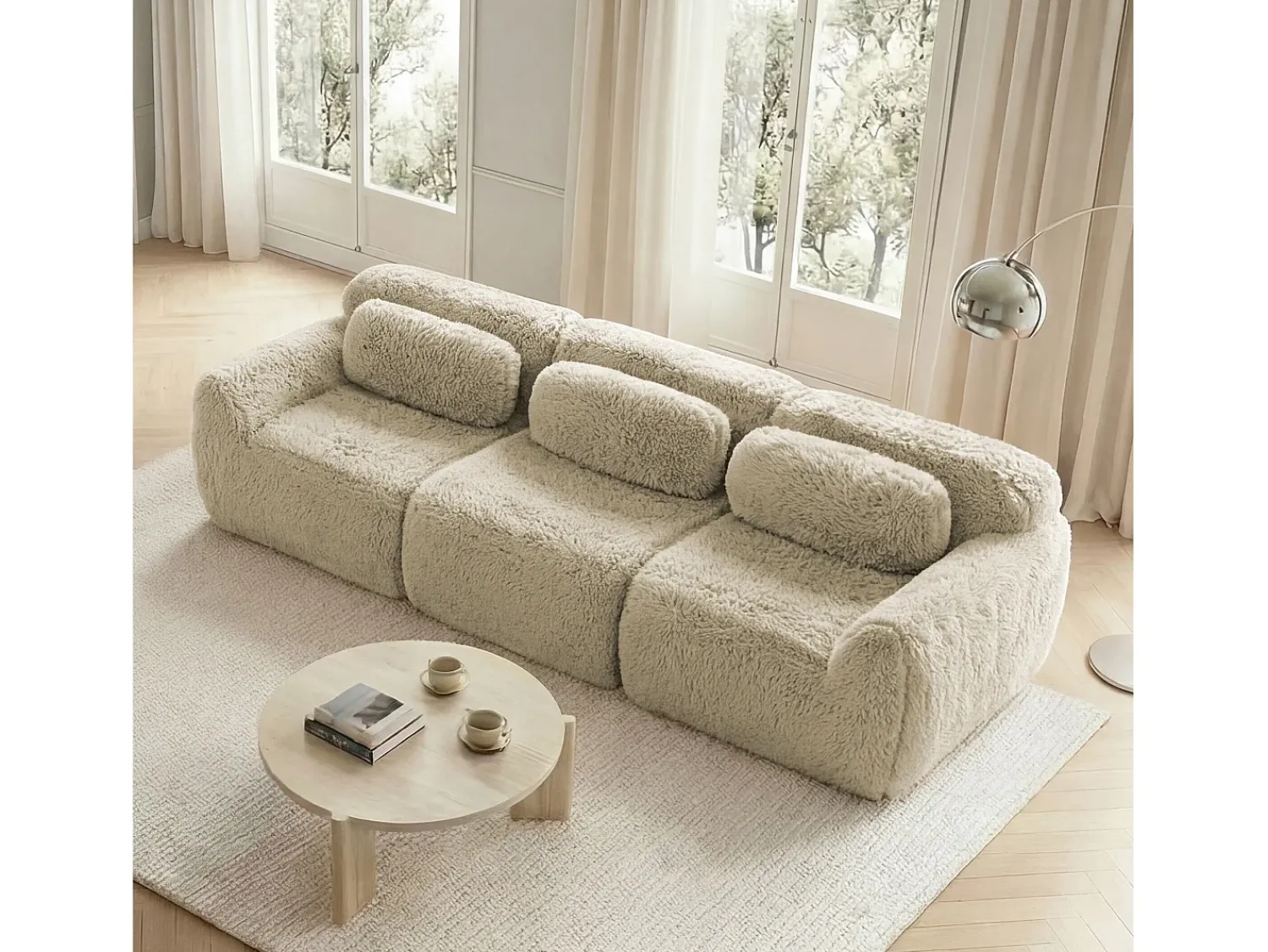 Sofá modular de 3 lugares em tecido macio de alta qualidade com almofadas, sem necessidade de montagem – Cor cáqui claro^ Sofá