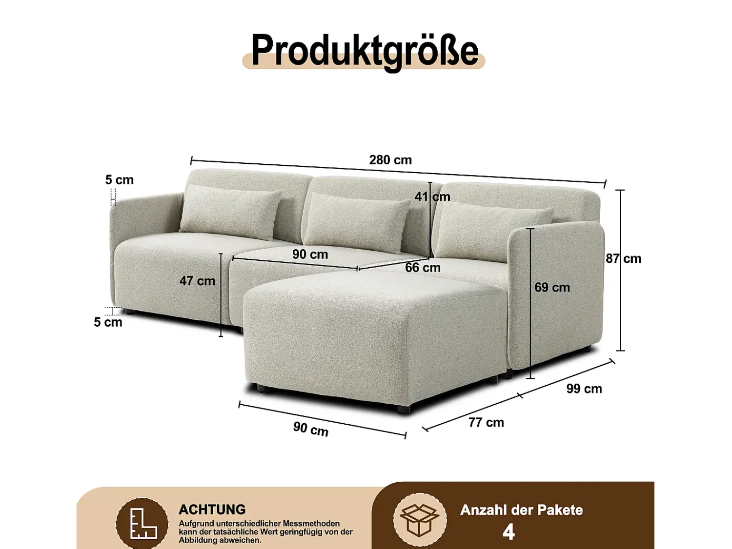 Discount Sofá modular MIA de 3 lugares com pufe em tecido - Conforto e modularidade com estilo Bege