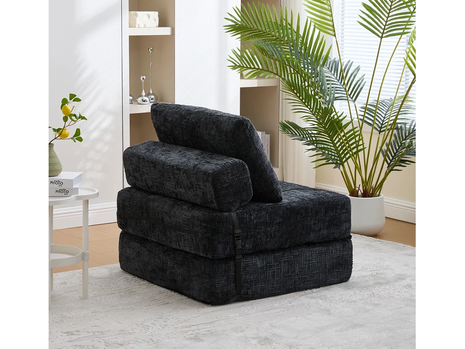 Sofá* Sofá de 1 lugar - Sofá dobrável com encosto e almofadas - chenille Preto