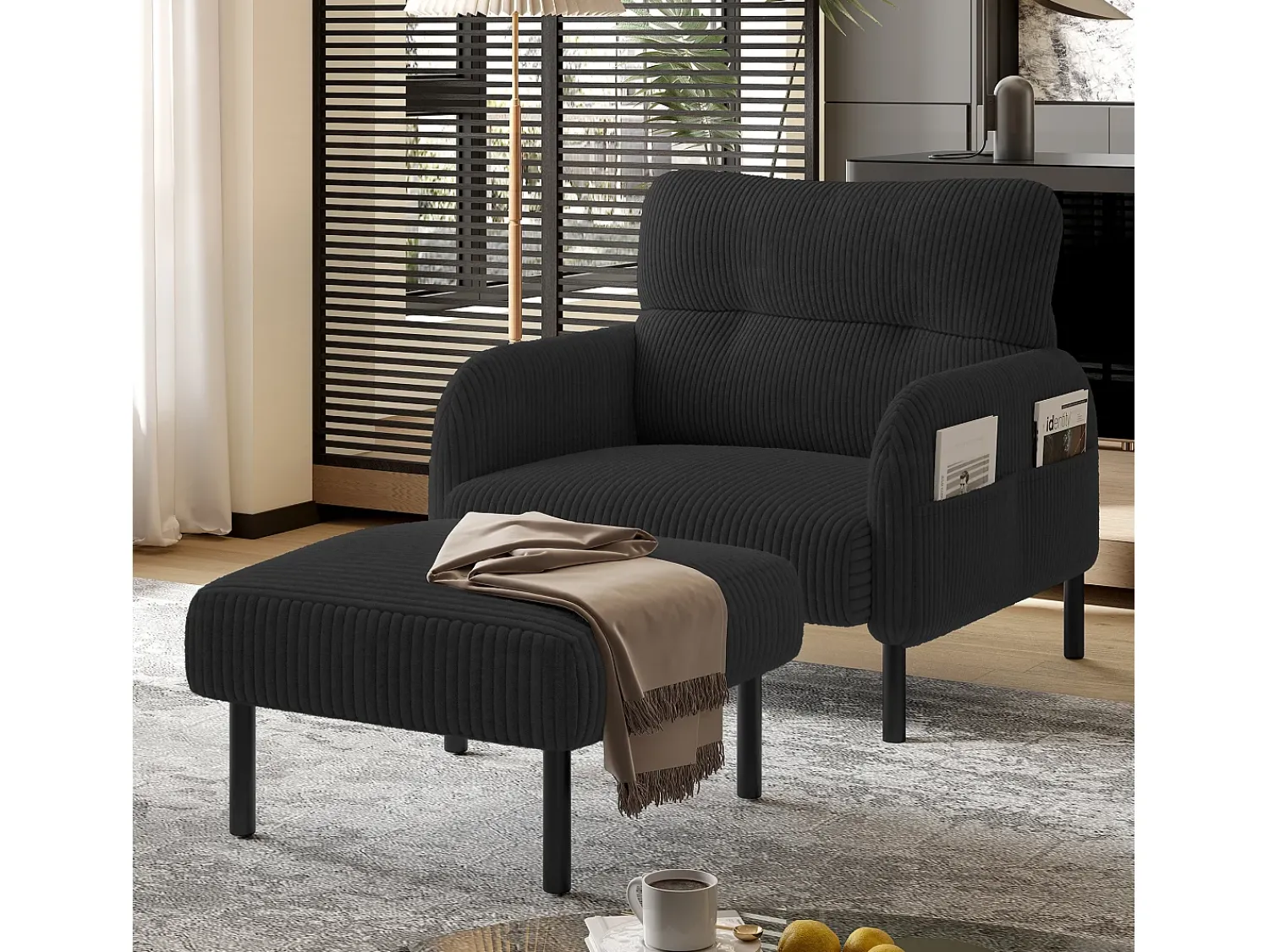 Sofá| Sofá reto - Poltrona com braços e bolsos laterais - bombazine - para sala de estar e quarto Preto