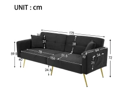 Sofá Relaxante Cinza - Sofá com Almofadas e Bolsos de Arrumação - Pernas Douradas - para Sala e Quarto^ Sofá