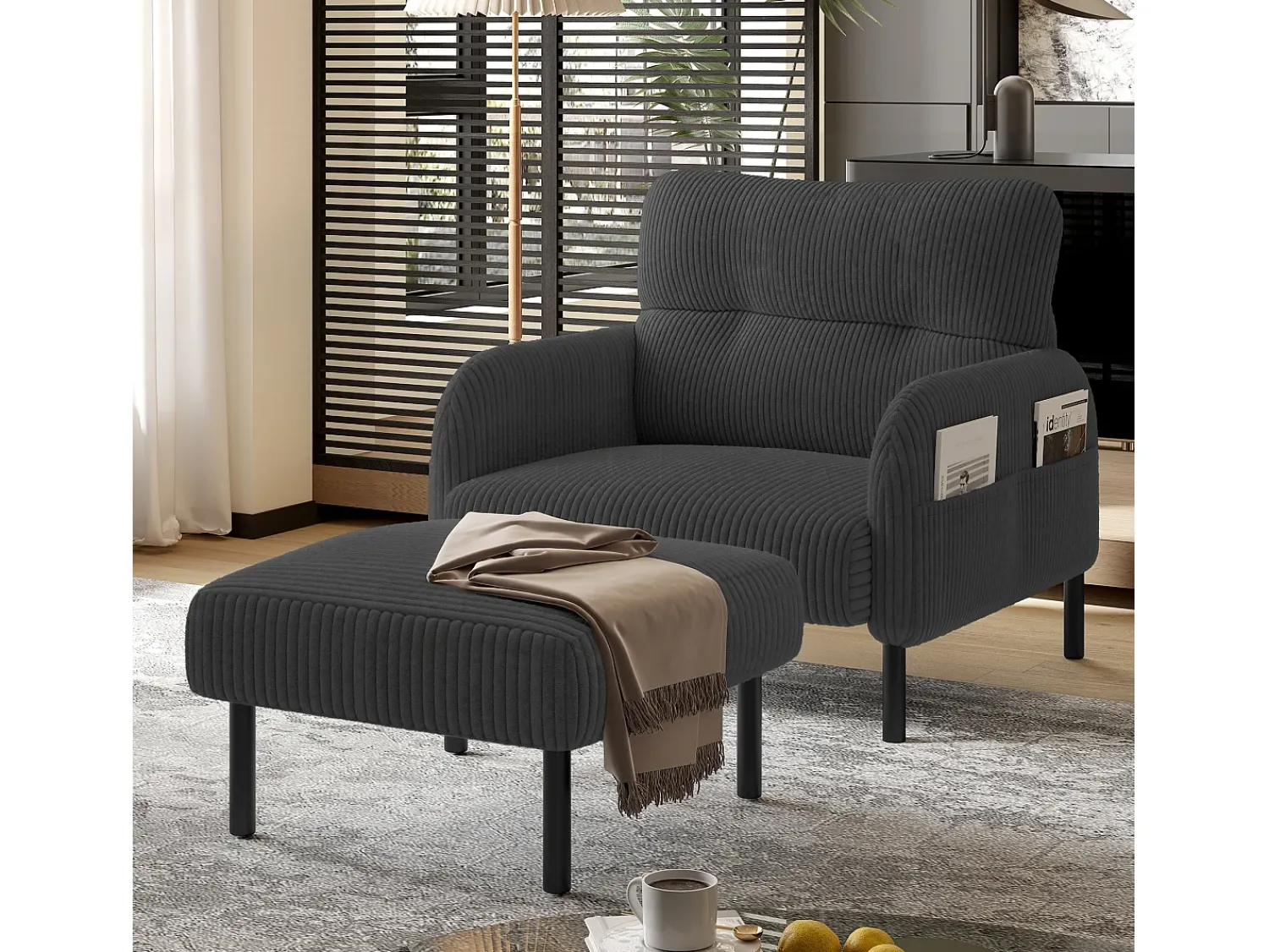 Sofá* Sofá reto - Poltrona com braços e bolsos laterais - bombazine - para sala de estar e quarto Cinzento