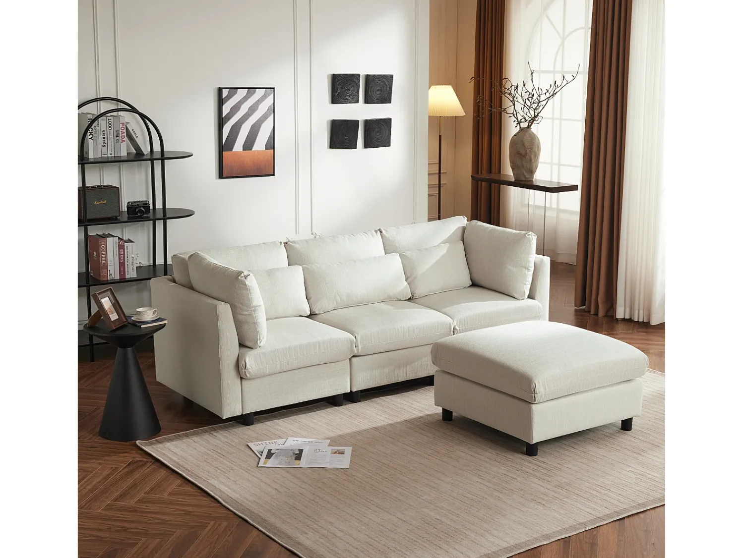 Merax Sofá reversível de canto de 3 lugares com apoio para pés - 220 x 83 x 81 cm - Tecido de linho - Bege