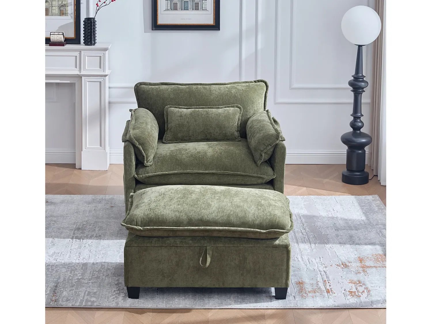 Sofá com bolsos laterais e apoio para os pés - Chenille - para sala de estar e quarto^ Sofá