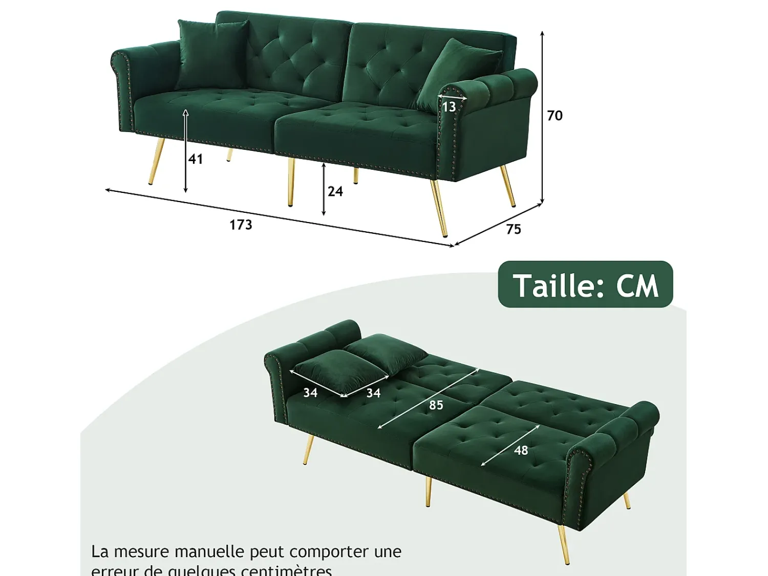 Sofá* Sofá de 2 lugares - Sofá com encosto ajustável e braços - 6 pernas em metal - para sala e quarto Verde