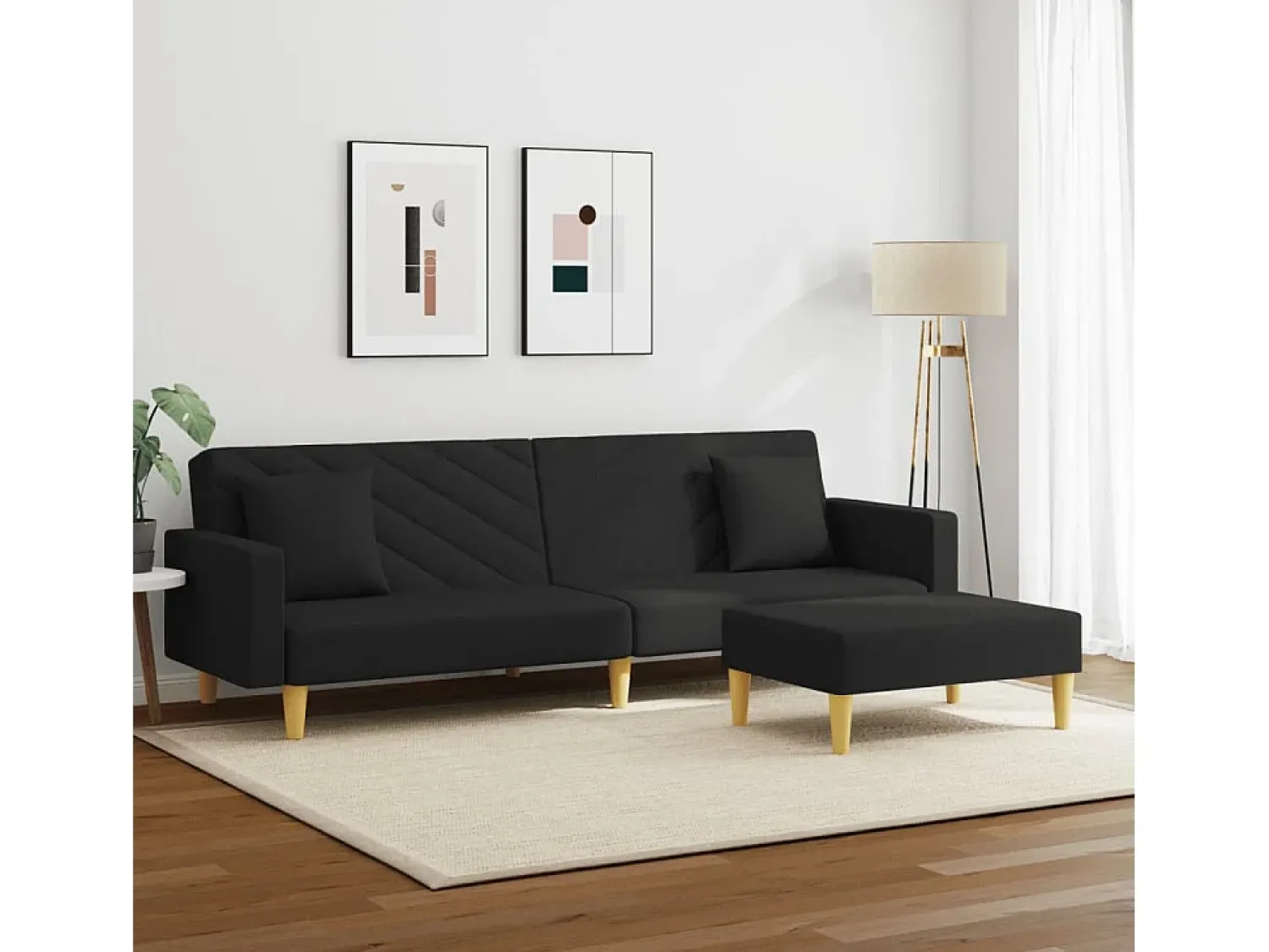 Sofá* Sofá-cama 2 lugares c/ almofadas e apoio de pés tecido PT798896 Preto