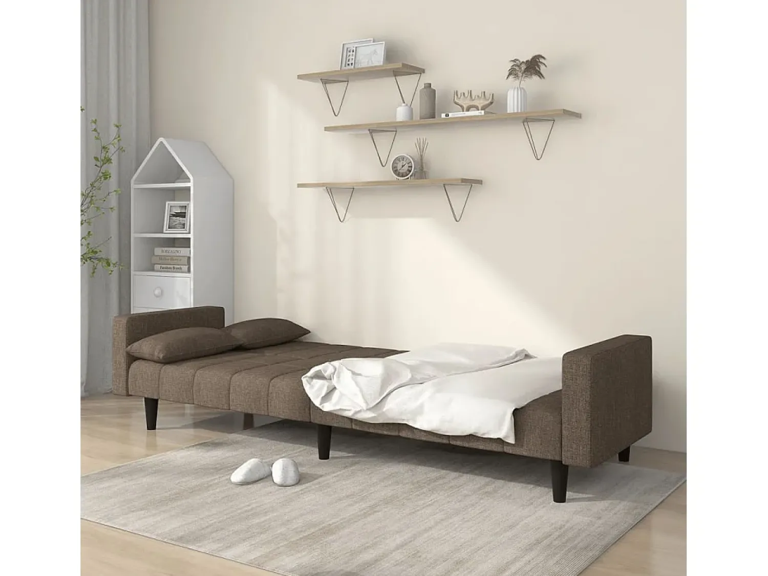 Sofá-cama 2 lugares c/ duas almofadas tecido cinza-acastanhado PT142568^ Sofá