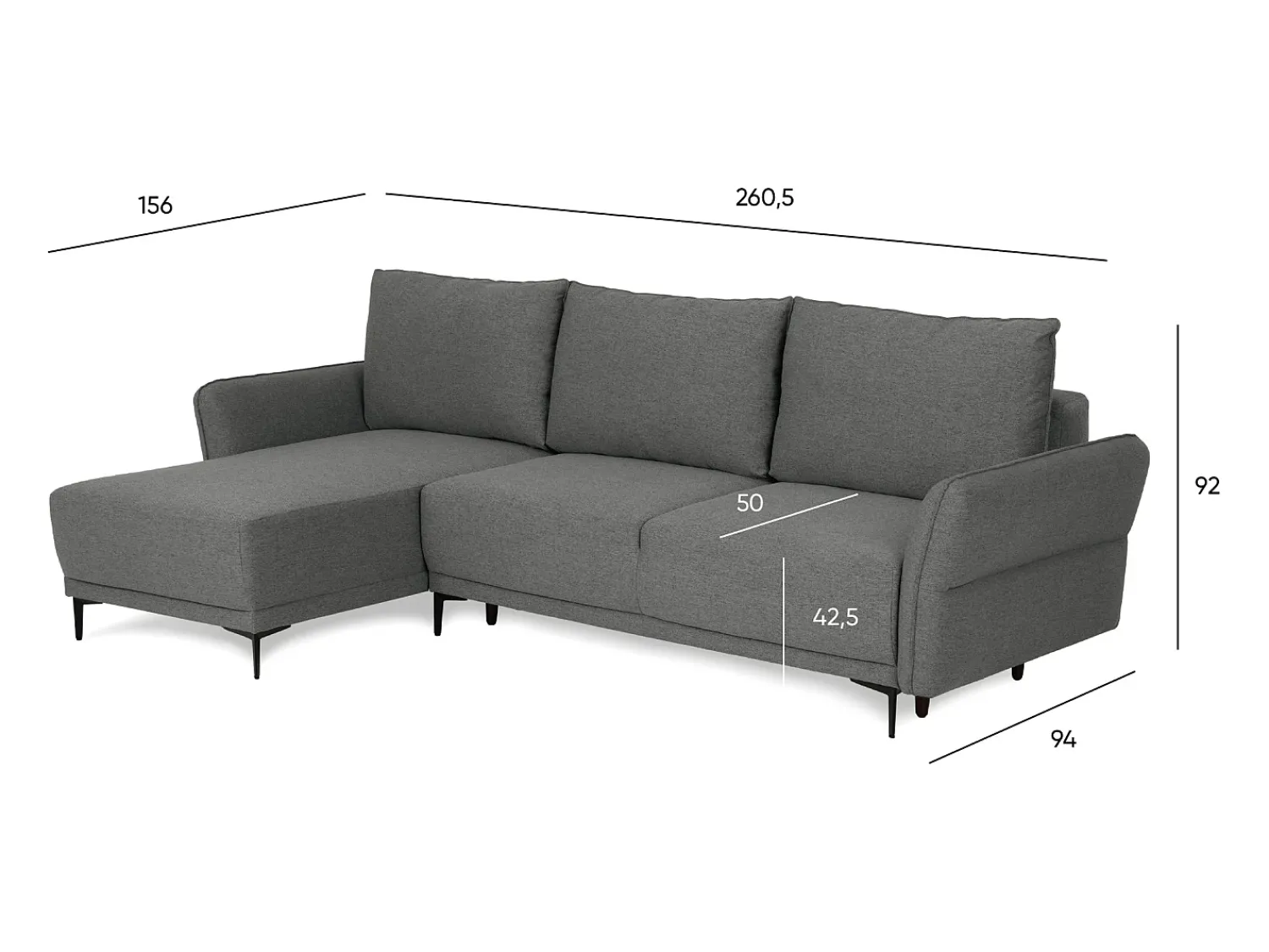 Sofá-cama 3 lugares Vulcão + chaise longue reversível lado direito/esquerdoche (260,5 x 156 x 92 cm) - TOBY^ Sofá