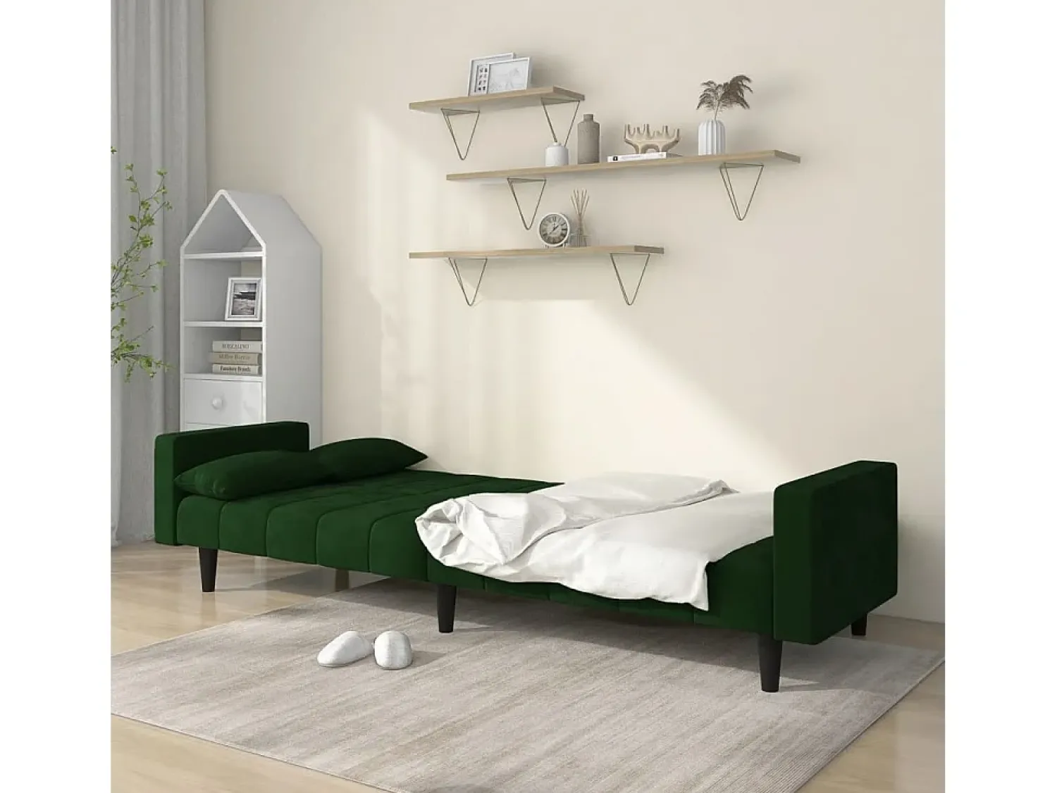 Sofá-cama 2 lugares com duas almofadas veludo -escuro PT110700^ Sofá
