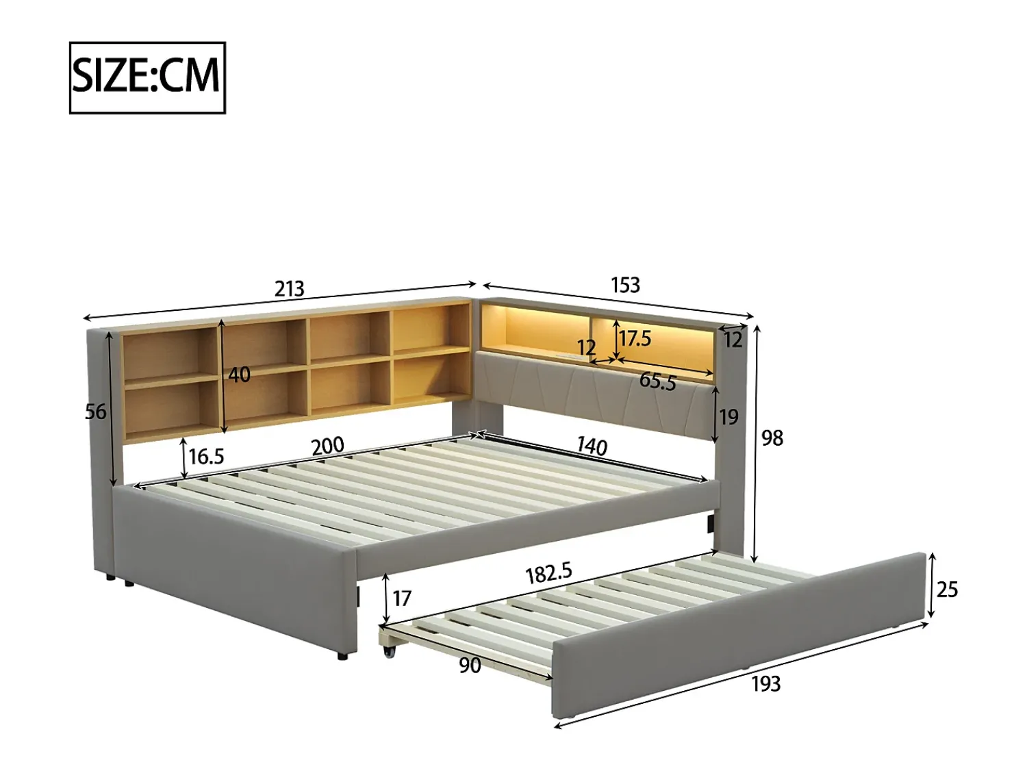 Sofá* Sofá-cama 140 x 200 cm, com iluminação LED, tomadas elétricas e diversos compartimentos de arrumação, cinza escuro. Cinzento