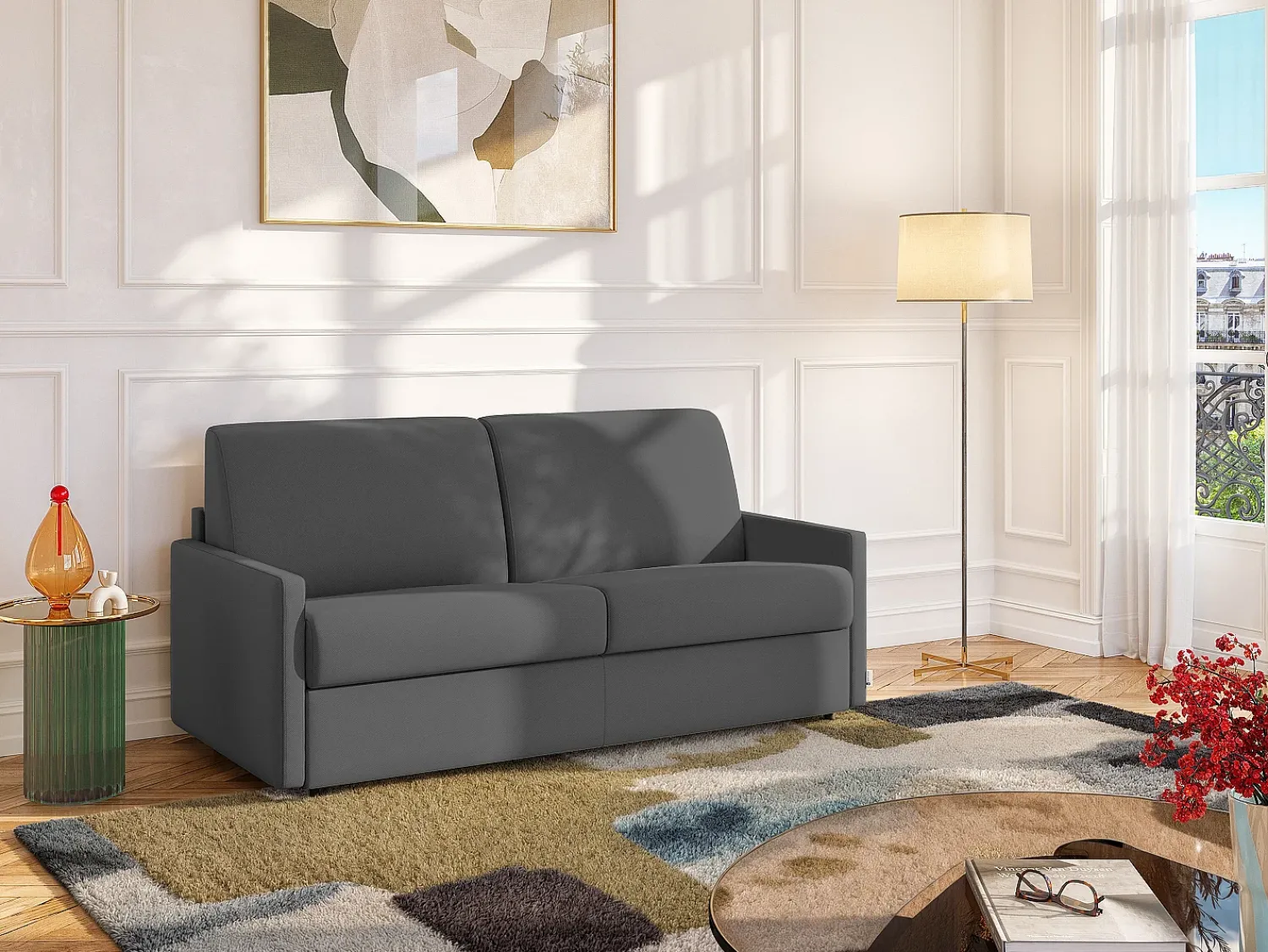 Vente-unique Sofá-cama abertura rápida em tecido assento com assento de memória de forma 140 cm colchão 18 cm CALIFE Cinzento