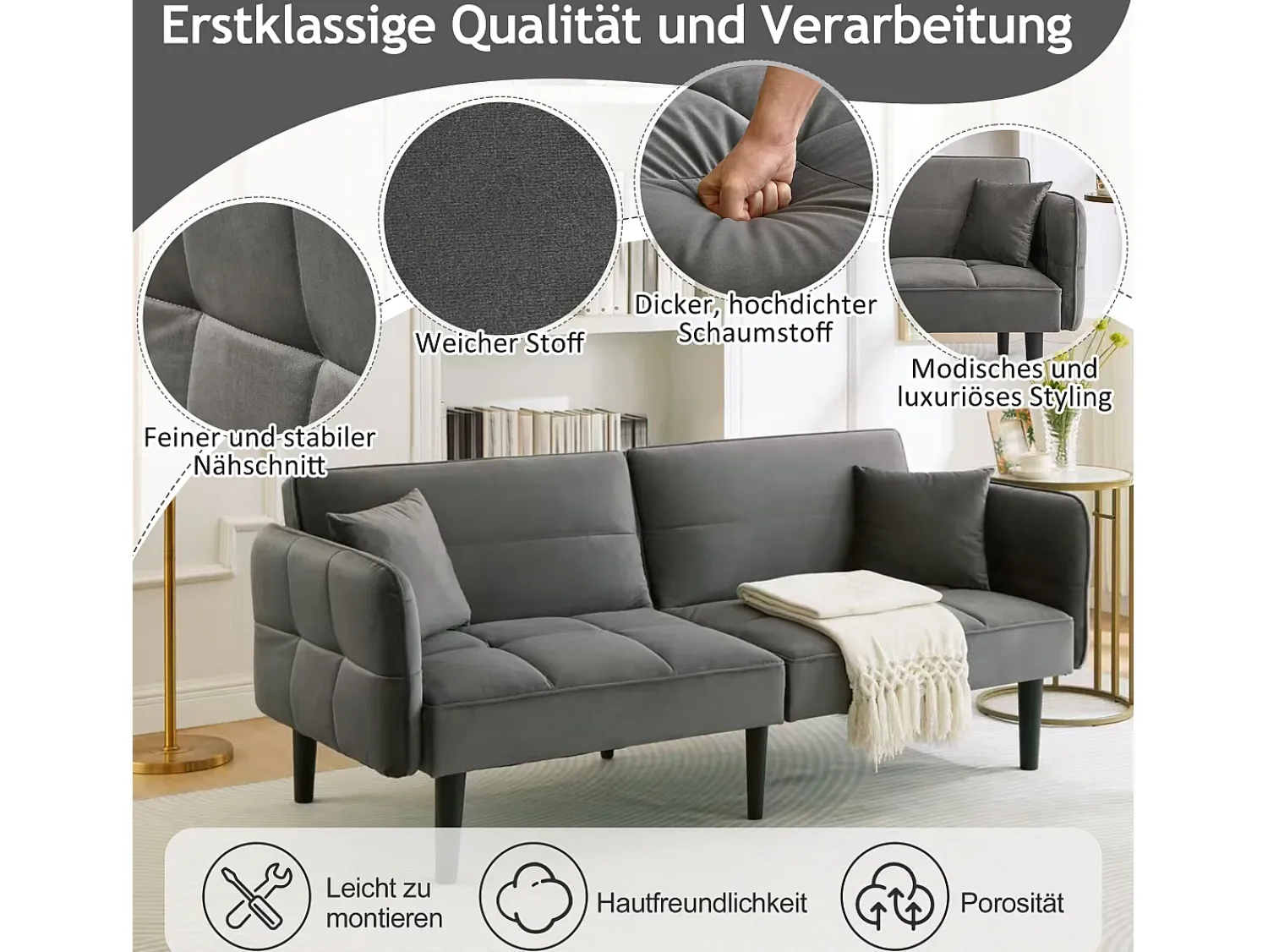 Sale Merax Sofá-cama ajustável 2 em 1 - 176 x 78 x 76 cm - 2 lugares - com braços dobráveis - Veludo - Cinza Cinzento