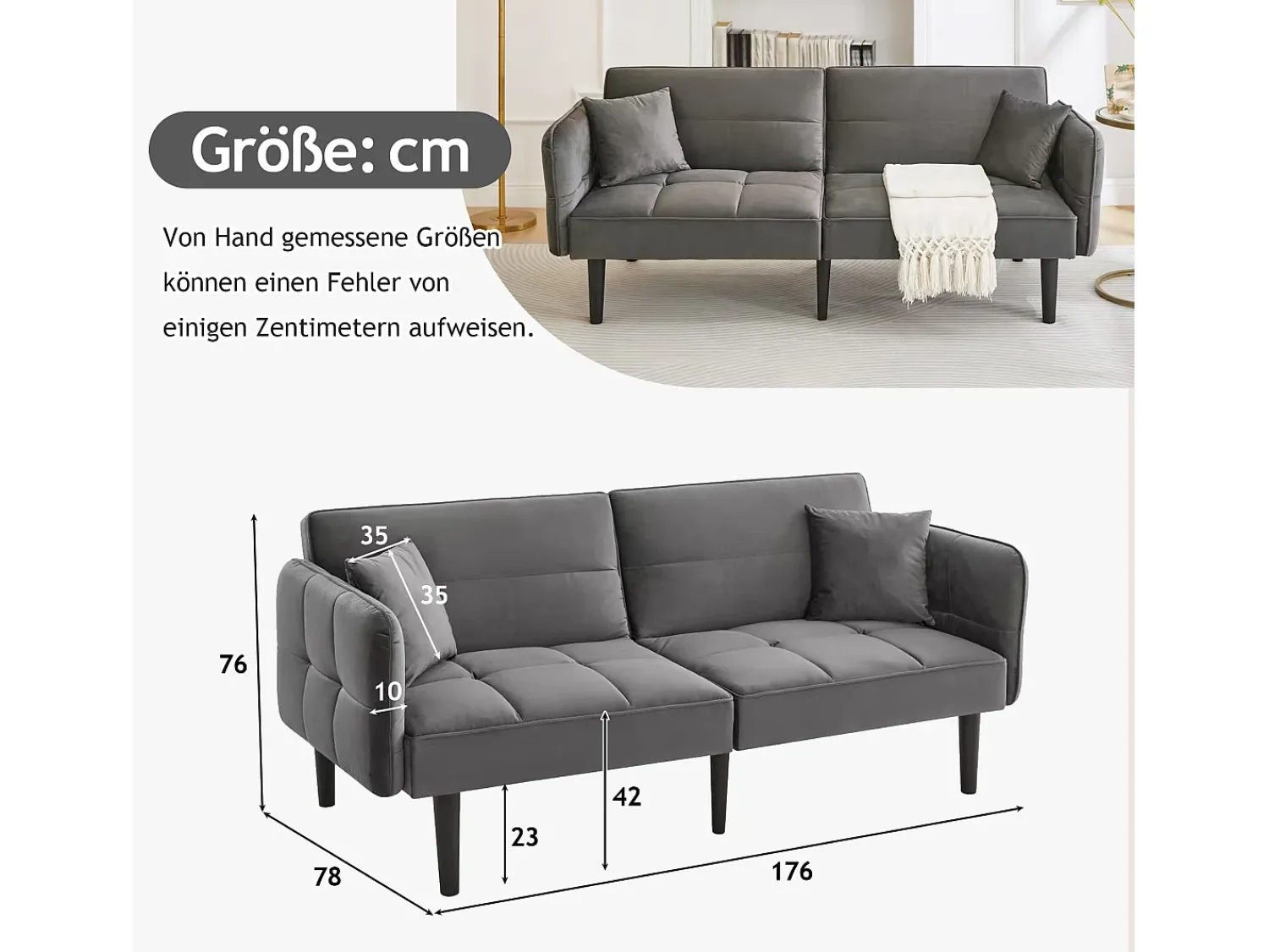 Sale Merax Sofá-cama ajustável 2 em 1 - 176 x 78 x 76 cm - 2 lugares - com braços dobráveis - Veludo - Cinza Cinzento