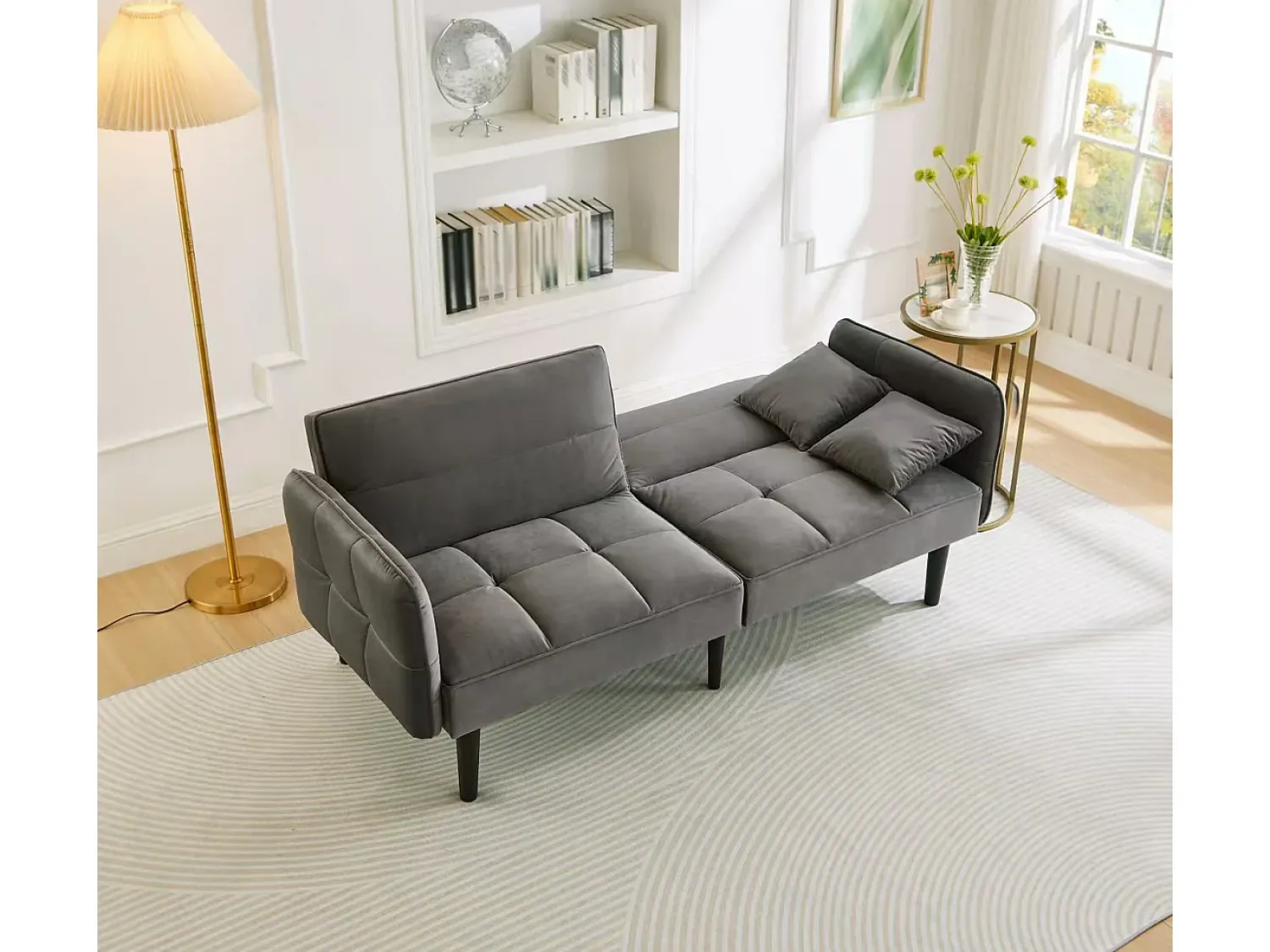 Sale Merax Sofá-cama ajustável 2 em 1 - 176 x 78 x 76 cm - 2 lugares - com braços dobráveis - Veludo - Cinza Cinzento