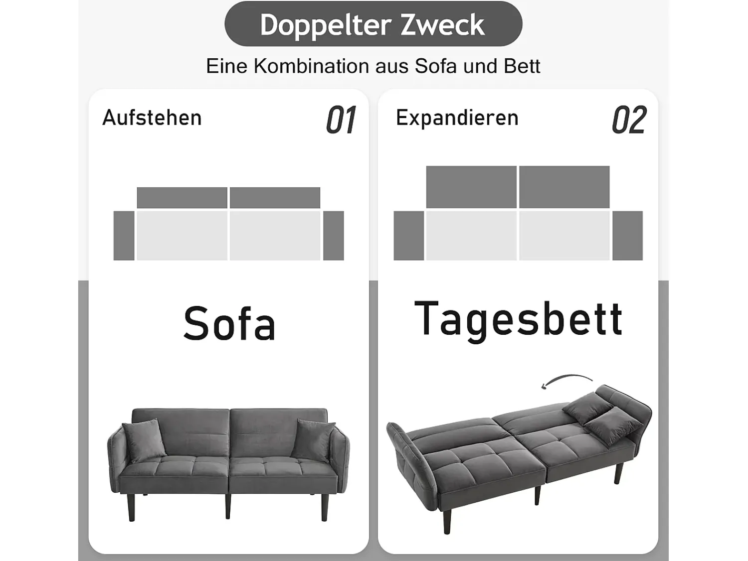 Sale Merax Sofá-cama ajustável 2 em 1 - 176 x 78 x 76 cm - 2 lugares - com braços dobráveis - Veludo - Cinza Cinzento