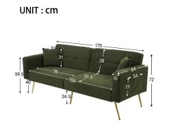 Sofá-cama com função de cama, ângulo ajustável, pernas douradas, com almofadas e bolsos laterais de arrumação^ Sofá