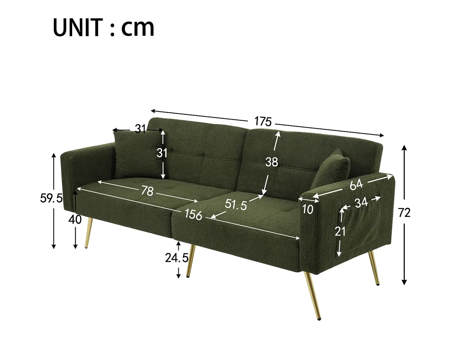 Sofá-cama com função de cama, ângulo ajustável, pernas douradas, com almofadas e bolsos laterais de arrumação^ Sofá