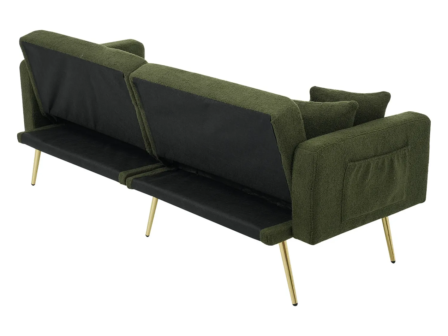 Sofá-cama com função de cama, ângulo ajustável, pernas douradas, com almofadas e bolsos laterais de arrumação^ Sofá