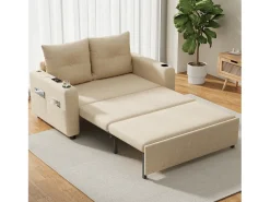 Merax Sofá-cama conversível 3 em 1 - 131 x 81 x 94 cm - com porta-copos + almofadas + porta USB - Algodão e linho -^ Sofá