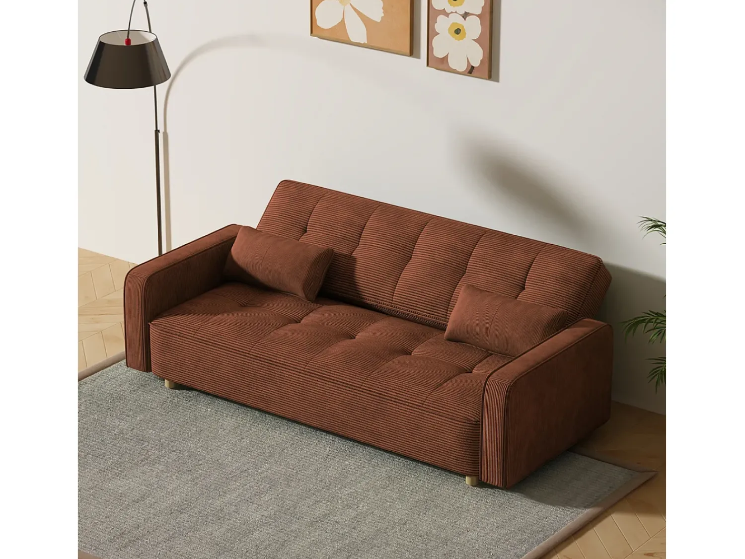 Sofá*Concept-Usine Sofá-Cama Conversível 3 Lugares Veludo Cotelê Estilo Escandinavo Moderno Terracota