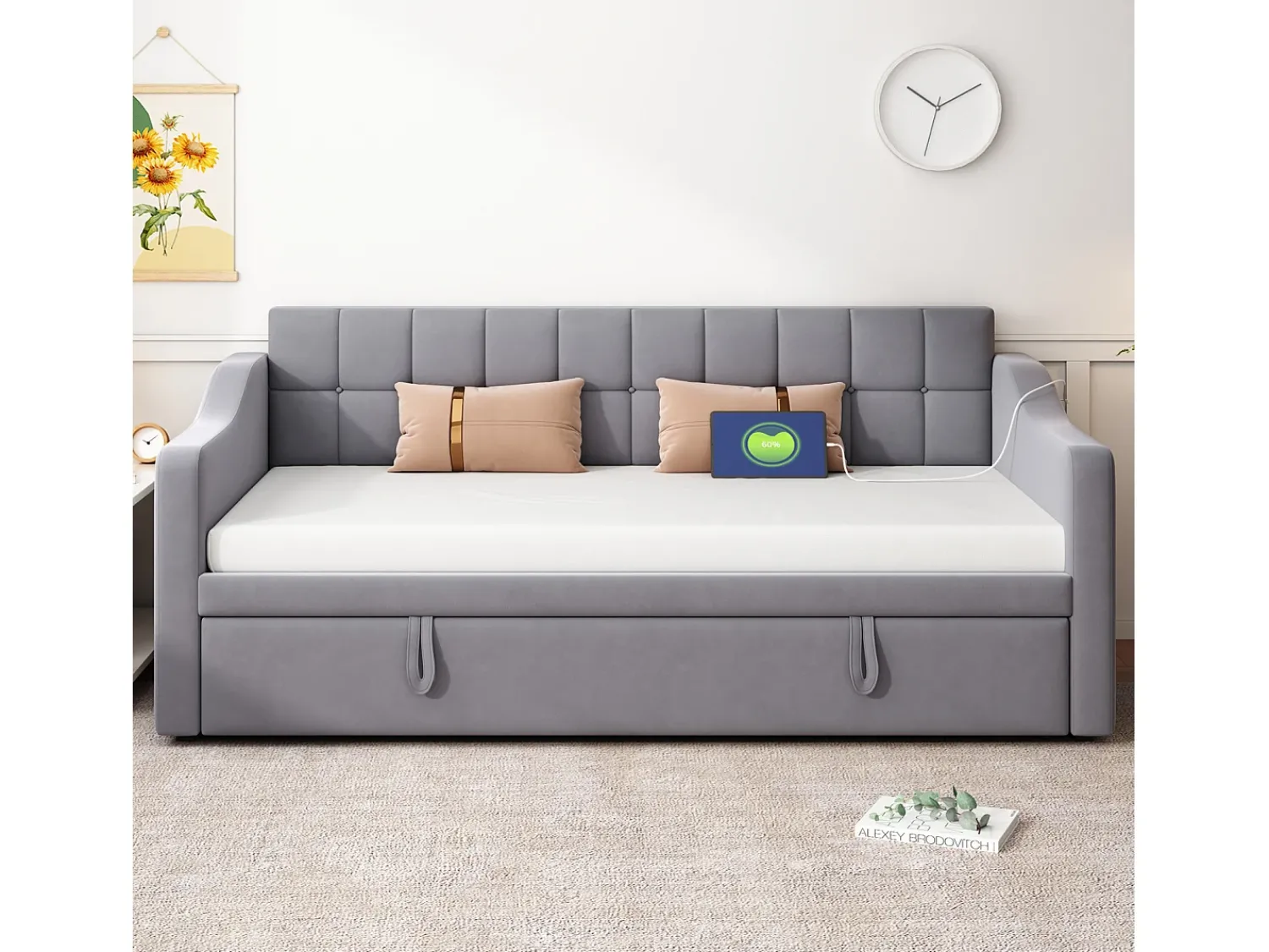 Sofá-cama conversível de 2 lugares com espaço de armazenamento e tomada elétrica, 90/180x190cm com cama auxiliar, cinza^ Sofá