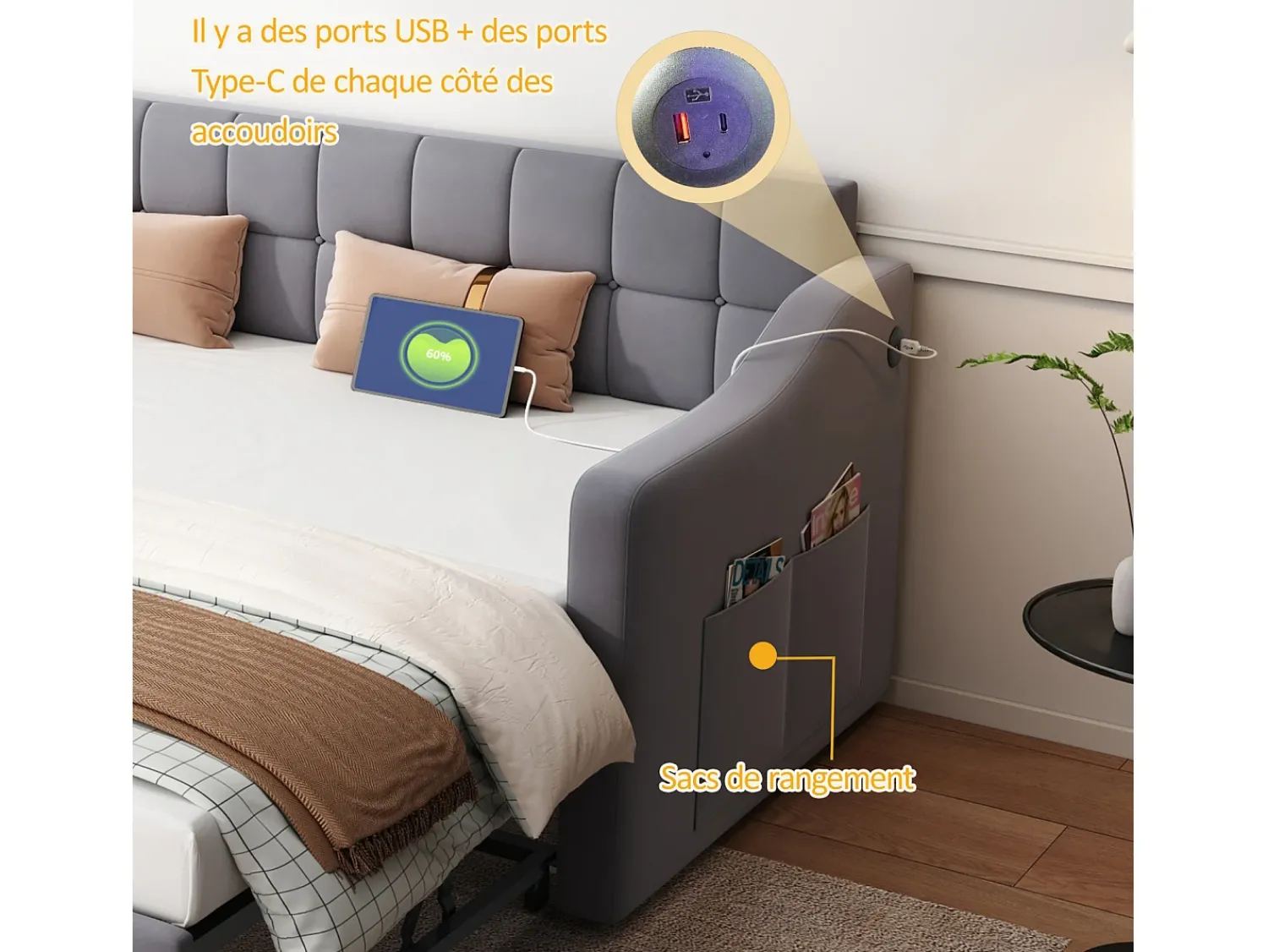 Sofá-cama conversível de 2 lugares com espaço de armazenamento e tomada elétrica, 90/180x190cm com cama auxiliar, cinza^ Sofá