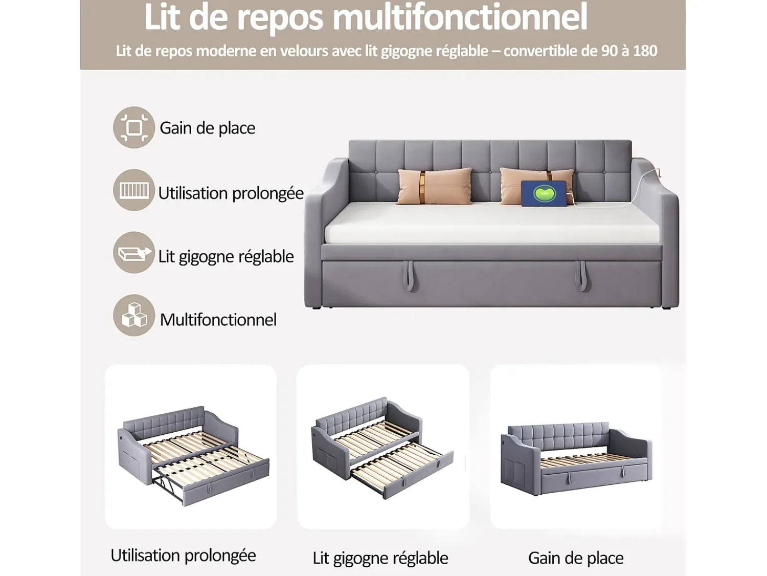 Sofá-cama conversível de 2 lugares com espaço de armazenamento e tomada elétrica, 90/180x190cm com cama auxiliar, cinza^ Sofá