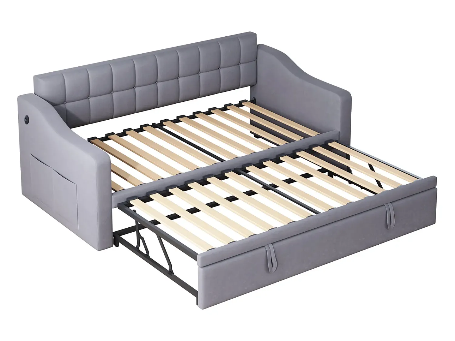 Sofá-cama conversível de 2 lugares com espaço de armazenamento e tomada elétrica, 90/180x190cm com cama auxiliar, cinza^ Sofá
