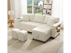 Sofá|Merax Sofá-cama conversível de 3 lugares - 231 x 131,5 x 84 cm - com USB + almofadas + armazenamento - veludo - Bege