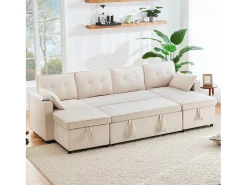 Merax Sofá-cama conversível em U - 270 x 130 x 86 cm - 4 lugares - com porta-copos + armazenamento - algodão + linho -^ Sofá