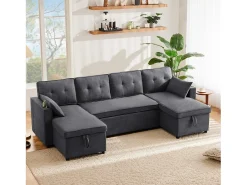 Hot Merax Sofá-cama conversível em U - 270 x 130 x 86 cm - 4 lugares - com porta-copos + armazenamento - algodão + linho - cinza Cinzento