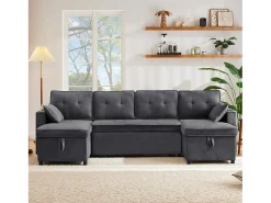 Hot Merax Sofá-cama conversível em U - 270 x 130 x 86 cm - 4 lugares - com porta-copos + armazenamento - algodão + linho - cinza Cinzento