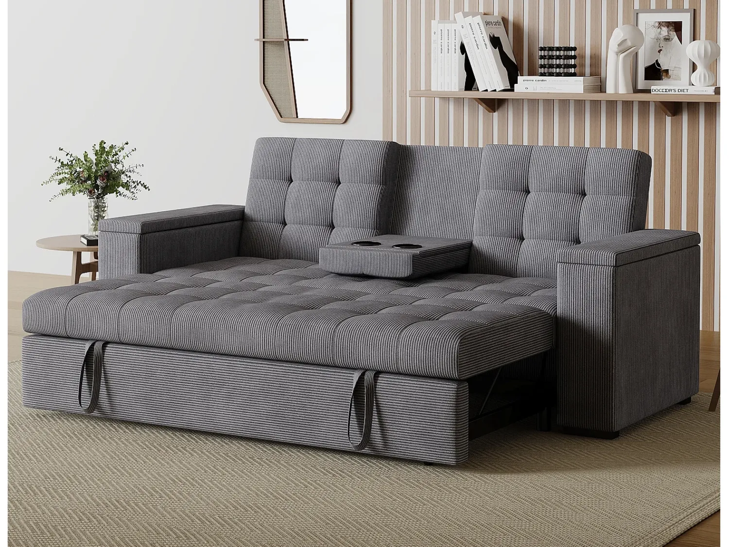 Sofá|Concept-Usine Sofá-Cama Conversível Modular de 3 Lugares em Veludo Cotelê Cinza com Armazenamento NOHO Cinzento