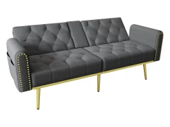 Sofá|Hauss Spole Sofá-cama convertível de 2 lugares - Suporte para copos, 2 apoios lombares e bolsos laterais - Veludo Cinzento