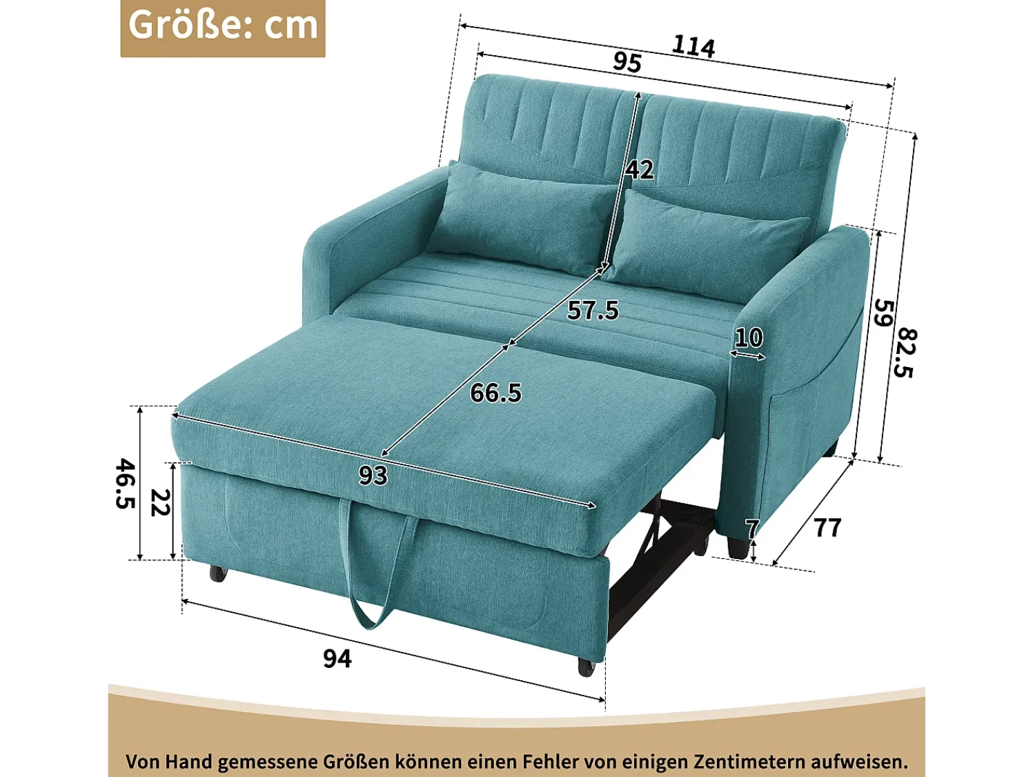 Best Hauss Spole Sofá-cama convertível de 2 lugares em -esverdeado antigo - Encosto ajustável em 3 posições - Tecido de algodão e linho Azul