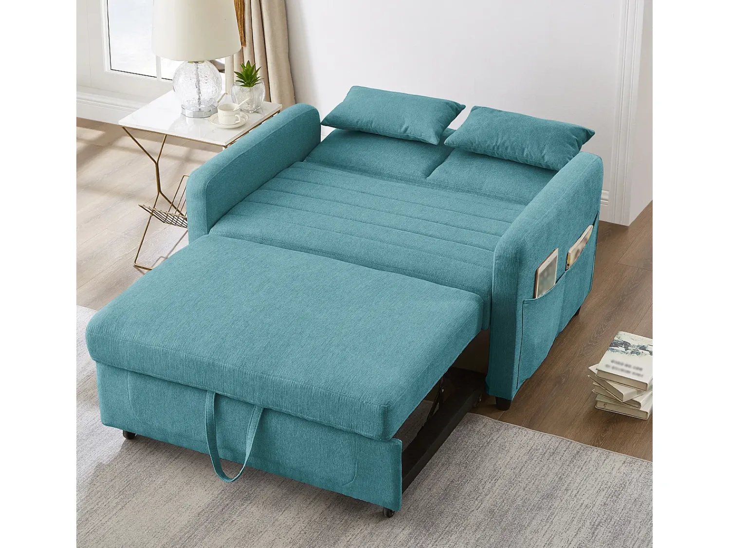 Best Hauss Spole Sofá-cama convertível de 2 lugares em -esverdeado antigo - Encosto ajustável em 3 posições - Tecido de algodão e linho Azul