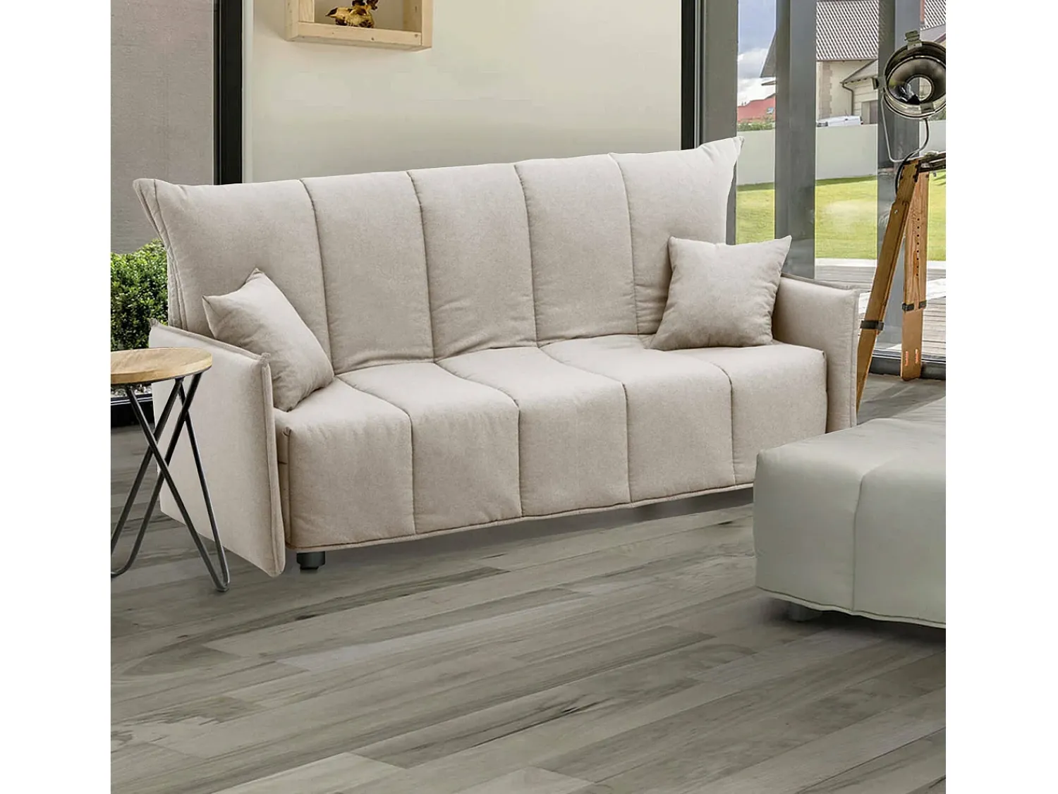 Sofá*Talamo Italia Sofá-cama Dabarc, sofá de 3 lugares, 100% Fabricado na Itália, Sofá da sala com abertura para carrinho, em tecido acolchoado, com braços padrão, 190x90h85 cm, Bege