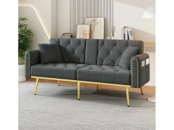 Sofá*Merax Sofá-cama de 2 lugares - 175 x 80 x 73,5 cm - 3 posições reclináveis e com porta-copos - veludo - cinza Cinzento