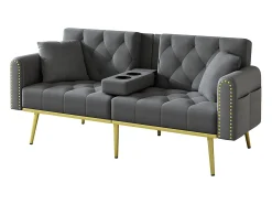 Sofá*Merax Sofá-cama de 2 lugares - 175 x 80 x 73,5 cm - 3 posições reclináveis e com porta-copos - veludo - cinza Cinzento