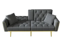 Sofá*Merax Sofá-cama de 2 lugares - 175 x 80 x 73,5 cm - 3 posições reclináveis e com porta-copos - veludo - cinza Cinzento