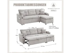 New Merax Sofá-cama de 3 lugares - 212,5 x 136 x 86 cm - com porta-copos + porta USB + espaço de armazenamento - sofá-cama retrátil - linho - cinza claro Cinzento claro
