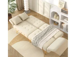 Sofá|Merax Sofá-cama de 2 lugares - 178 x 82 x 70 cm - com encosto e braços ajustáveis - veludo - Bege