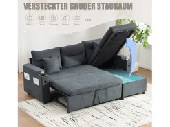 Sofá|Merax Sofá-cama de 3 lugares - 212,5 x 136 x 86 cm - com porta-copos + porta USB + espaço de armazenamento - sofá-cama retrátil - linho - cinza escuro Cinzento
