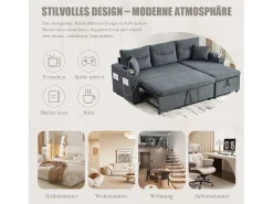 Sofá|Merax Sofá-cama de 3 lugares - 212,5 x 136 x 86 cm - com porta-copos + porta USB + espaço de armazenamento - sofá-cama retrátil - linho - cinza escuro Cinzento