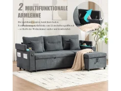 Sofá|Merax Sofá-cama de 3 lugares - 212,5 x 136 x 86 cm - com porta-copos + porta USB + espaço de armazenamento - sofá-cama retrátil - linho - cinza escuro Cinzento