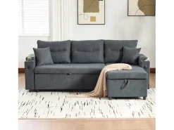 Sofá|Merax Sofá-cama de 3 lugares - 212,5 x 136 x 86 cm - com porta-copos + porta USB + espaço de armazenamento - sofá-cama retrátil - linho - cinza escuro Cinzento