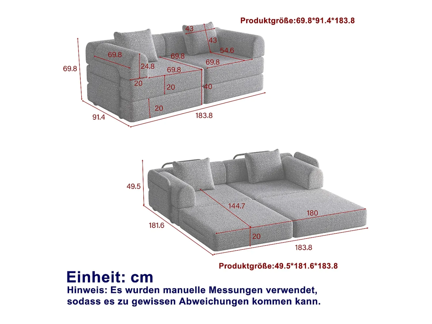 Sofá*Hauss Spole Sofá-cama de 2 lugares com conversão rápida em tecido chenille - Várias combinações Cinzento